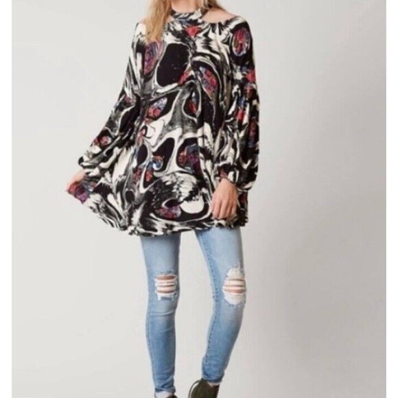 Free People Drift Away Tunic Top Womens Small Mini Dress Cold Shoulder High Neck - Picture 1 of 10